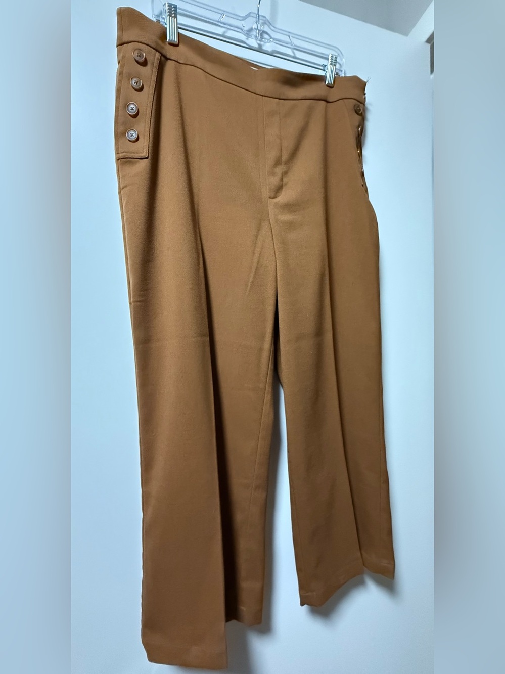 LOFT Camel Brown Wide-Leg Pants with Side Button Detail and Side Zip